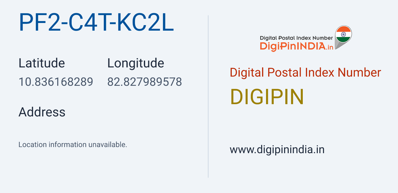 DigiPin PF2-C4T-KC2L location map showing coordinates 10.836168, 82.827990